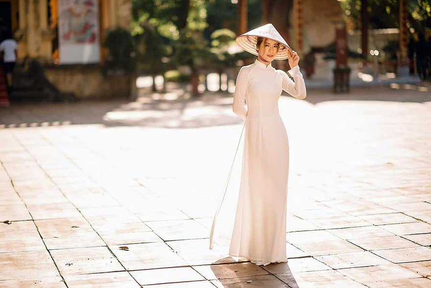ao dai, móda, žena, vietnamština, Vietnamské národní šaty, non la, kuželovitý klobouk, čepice, tradiční, Krásná, dívka
