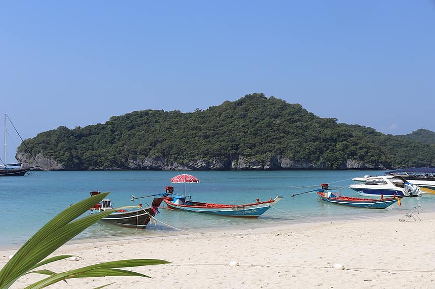 Beach, Sea, Boats, Port, Shore, Koh Samui, nautical vessel, summer, blue, vacations, water