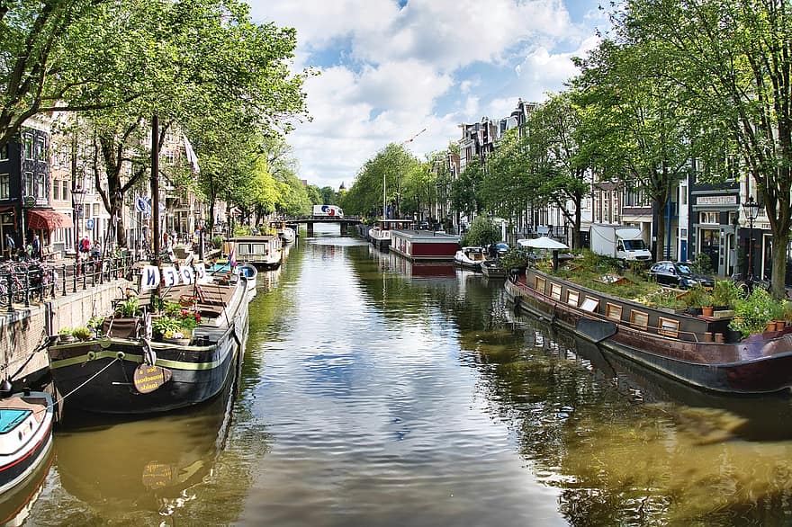 アムステルダム、運河、ボート、宿舎、水路、チャネル