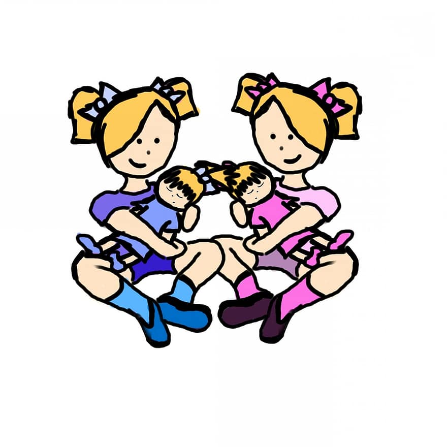 момичета, близнаци, Еднояйчни близнаци, играете, дете, деца, малки деца, кукли, бебета, блондинки