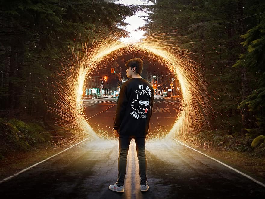Man, Portal, Steel Wool, Road, Path, Landscape, Forest, Trees, Nature, Boy, Person