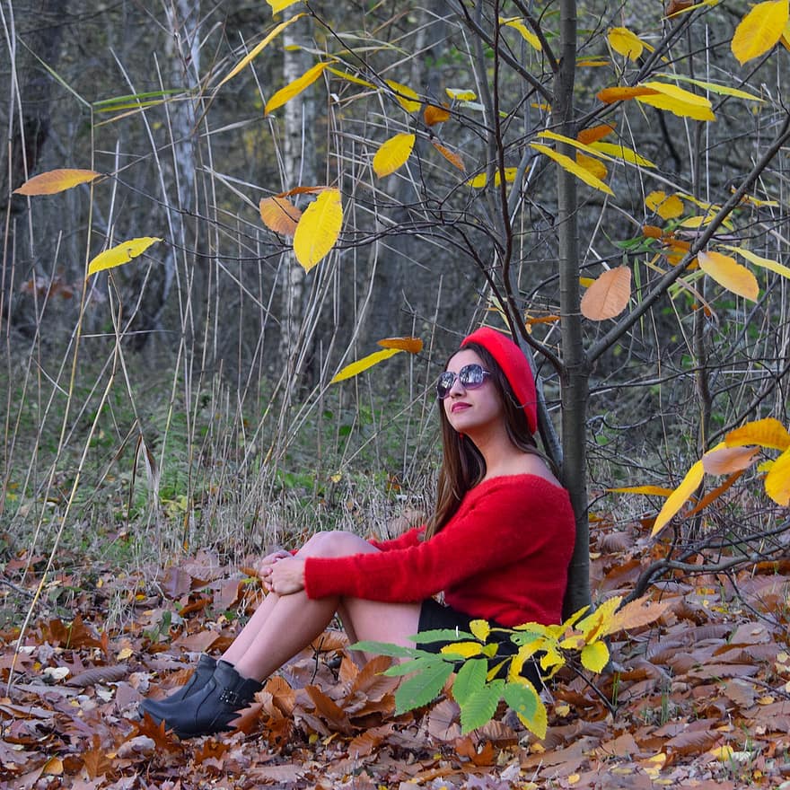 жена, модел, шапка, листа, дървета, гора, мода, момиче, женски пол, на открито, есен