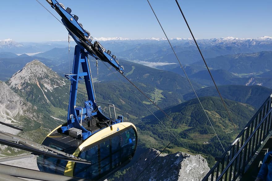 Hoher Dachstein, bonde, bondinho, montanhas, panorama, montanha, neve, Pico da montanha, cadeia de montanhas, teleférico, azul, inverno