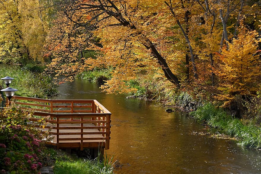 musim gugur, taman, alam, sungai, di luar, musim, daun kuning, air, jembatan, warna, warna musim gugur