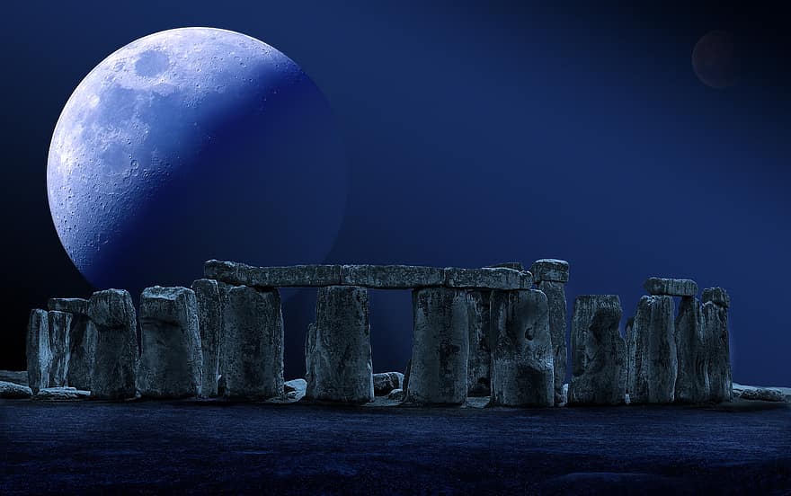 Стоунхендж, Луна, полнолуние, каменный круг, ночное небо, мистика, культурные объекты, Англия, ночь, разорение, камень