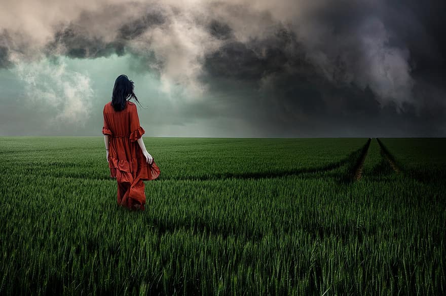 bouřka, žena, pšeničné pole, mraky, červené šaty, tráva, šaty, ženy, krajina, louka, stojící