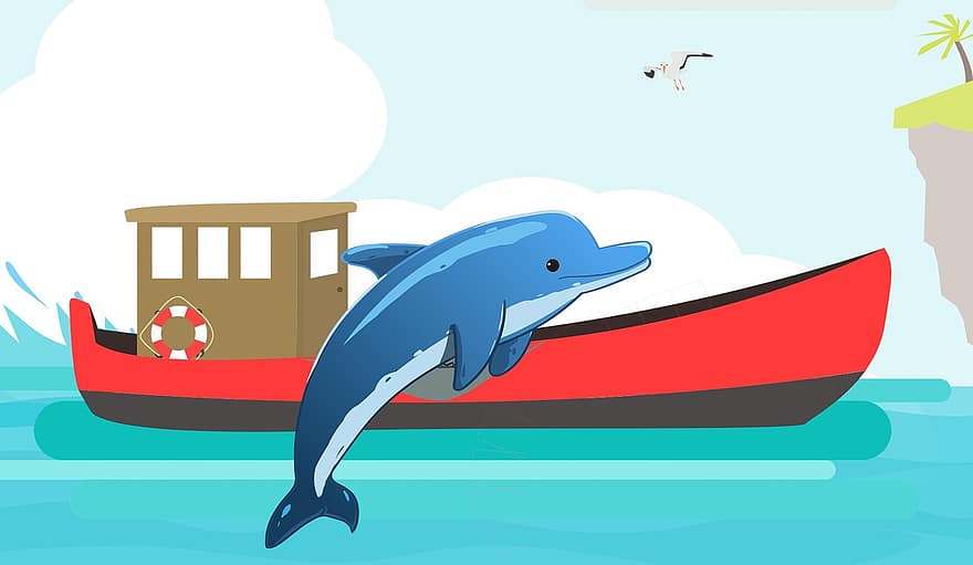 Dolphin, Sea, Animal, Mammals, Cartoon, Ship, Ocean, Nature, Sky, Clouds, Boat