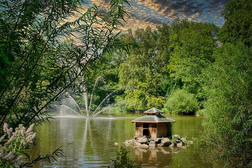 Park, Lake, Pond, Fountain, Water Jet, Water Feature, Bushes, Trees, Forest, Bank, Island