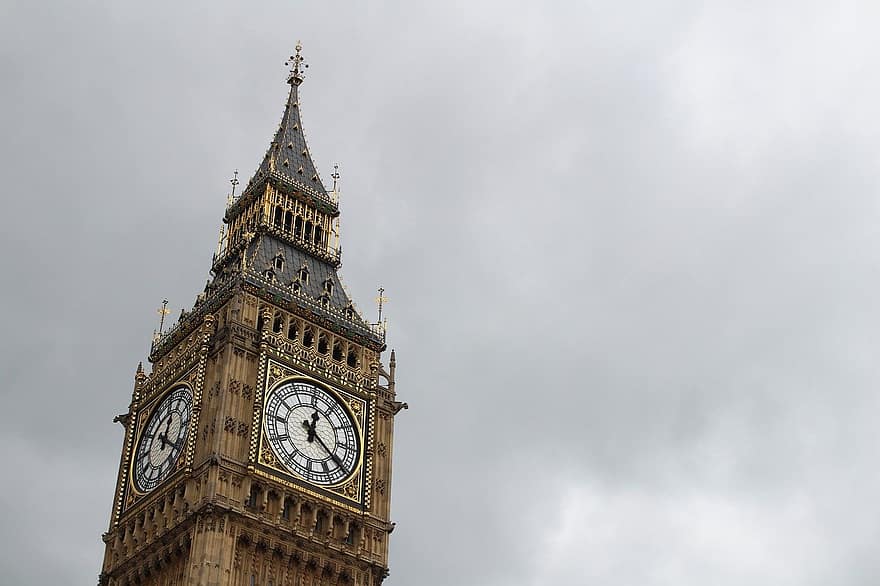 Big Ben, wieża zegarowa, punkt orientacyjny, wieża, niebo, chmury, zegar, architektura, Wielki Dzwon Uderzającego Zegara, Londyn