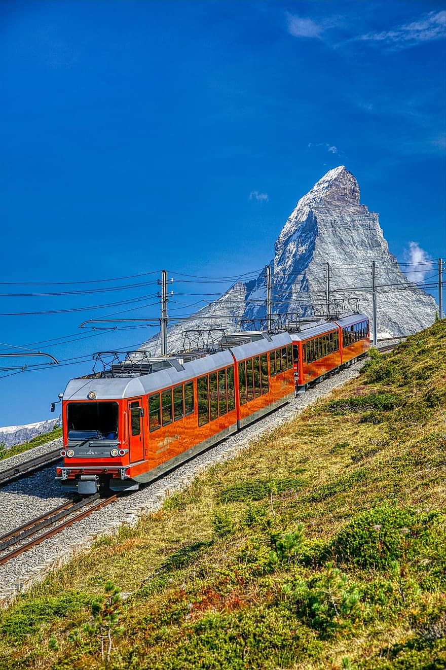 pociąg, lokomotywa, kolej żelazna, Góra, Matterhorn, góry, gornergratbahn