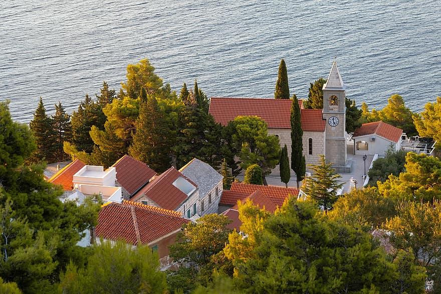 kirke, slot, landsby, bygning, hus, arkitektur, turist, naturskøn, milepæl, rejse, adriaterhavet