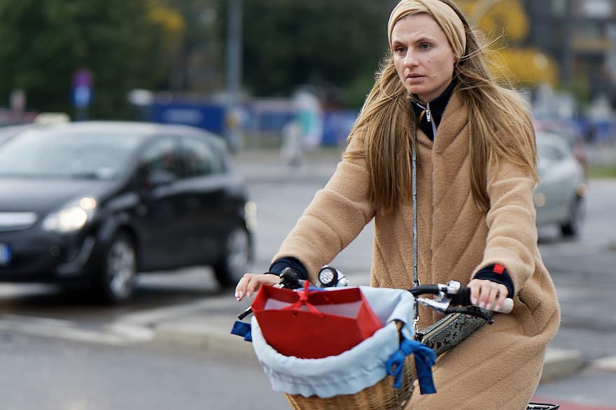 γυναίκα, ποδήλατο, δρόμος, αστικός