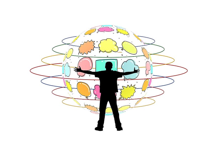 mand, silhuet, ballon, tænkte boble, omfavne, knus, tænke, tanker, tænker, tankeproces, overveje