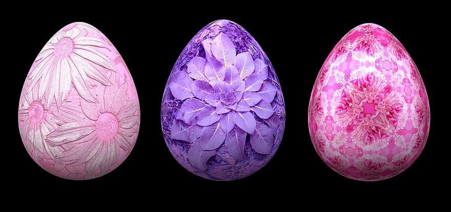卵、フラワーズ、イースター、春、咲く、花、デコレーション、伝統、ピンク、紫の、休日