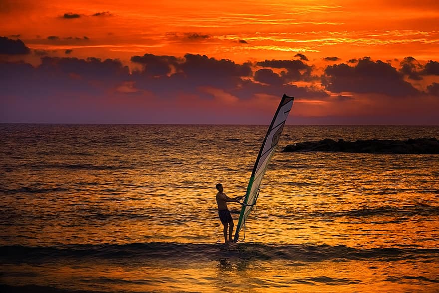 por do sol, Céu vermelho, windsurf, ondas, sozinho, Tel Aviv, relaxante, horizonte, agua, mar, natureza