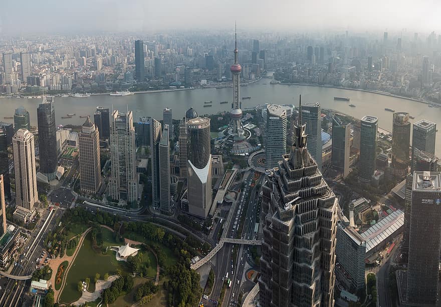 建物、川、ボート、超高層ビル、スカイライン、都市、シティ、街並み、上海