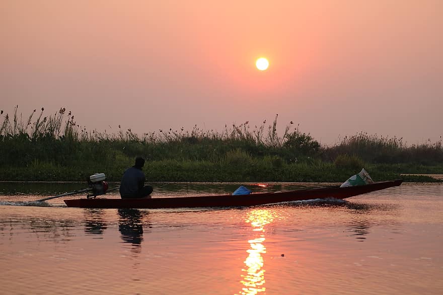 湖、日の出、太陽、日光、朝、水、ボート、おとこ、タイ