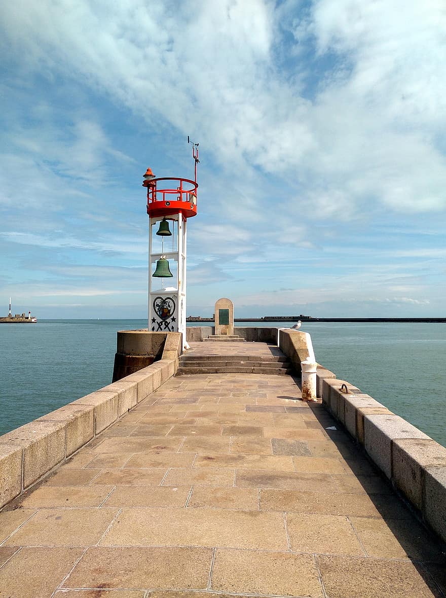 Ocean, Pier, Bell Tower, Jetty, France, Sea, Water, Sky, Nature, Harbour, Horizon