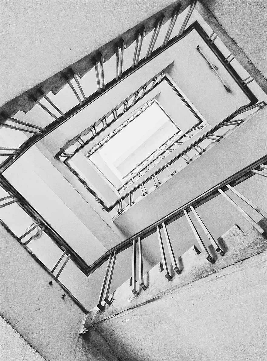 trappa, räcken, arkitektur, perspektiv, svartvitt