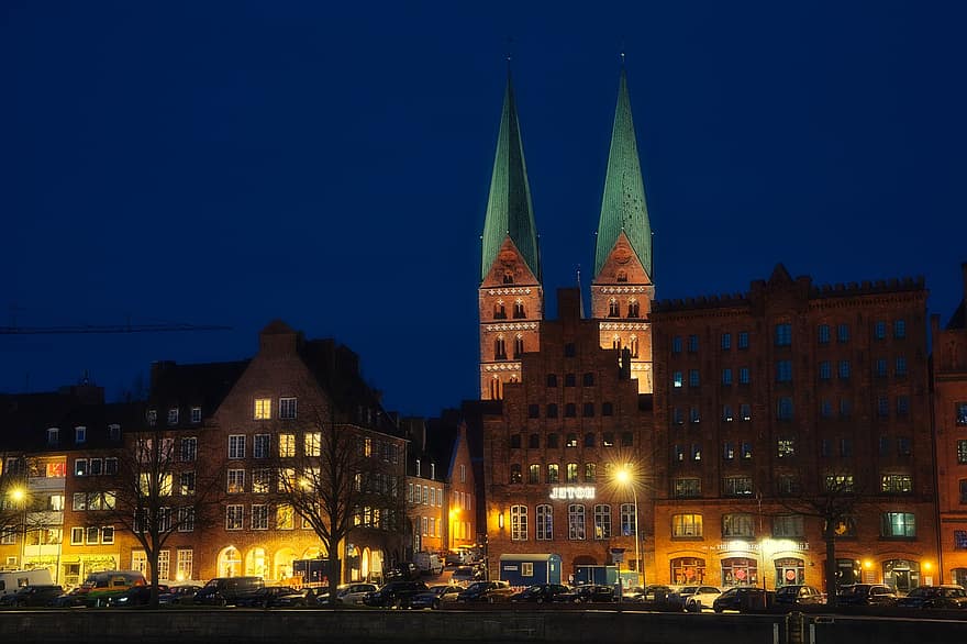 Budynki, podróżować, Miasto, turystyka, architektura, Kościół Mariacki, kościół, noc, Lübeck, Port, północne Niemcy