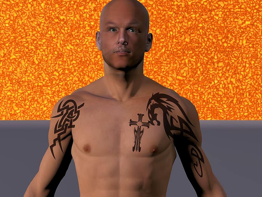 muž, tetování, kmenový, horní části těla