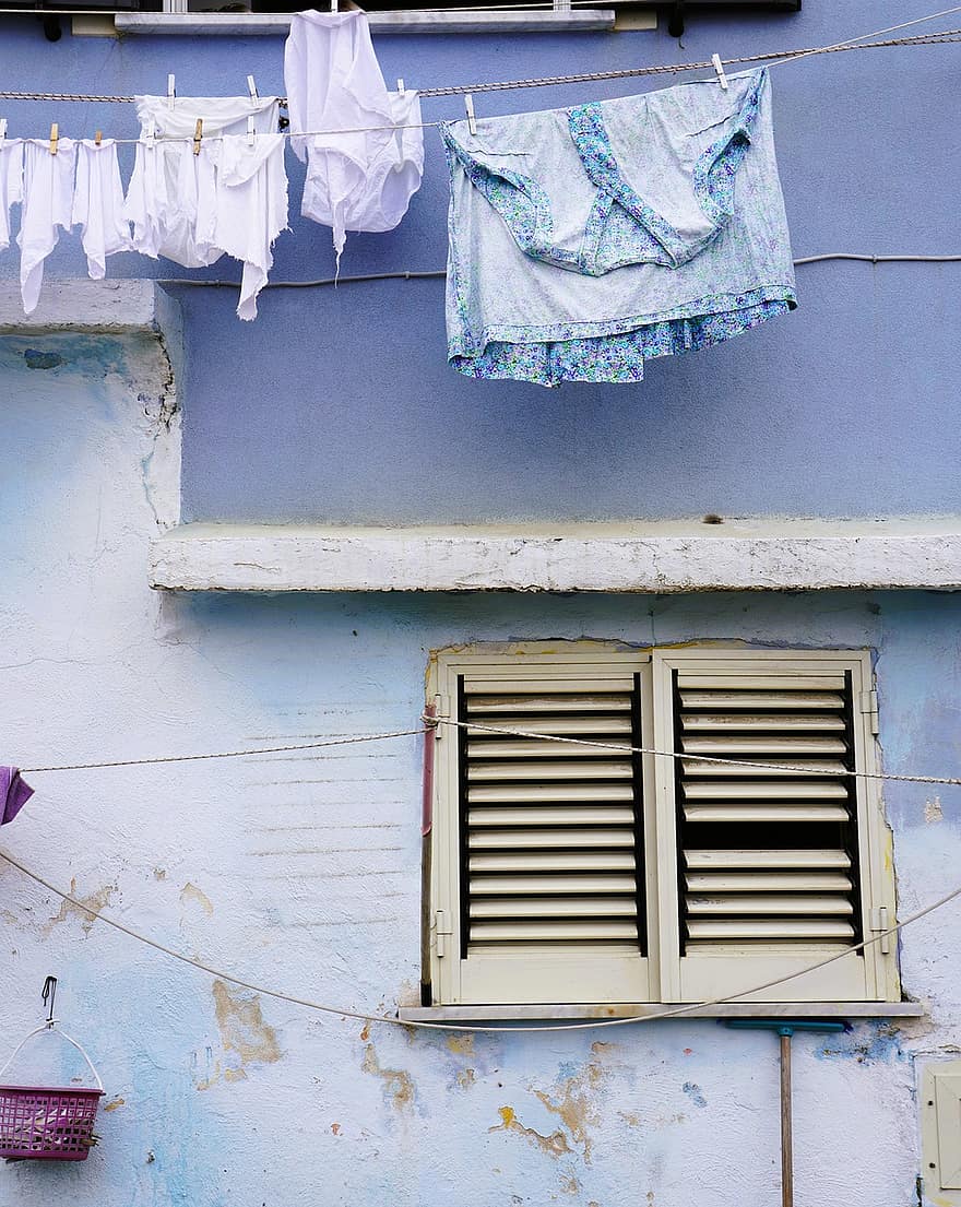 cremalheira de secagem, varal de roupas, linho, janela, ao ar livre, fachada