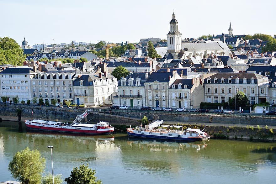 elv, båter, skip, bygninger, arkitektur, historisk, Angers, Frankrike, Europa, europeisk arkitektur, fasade