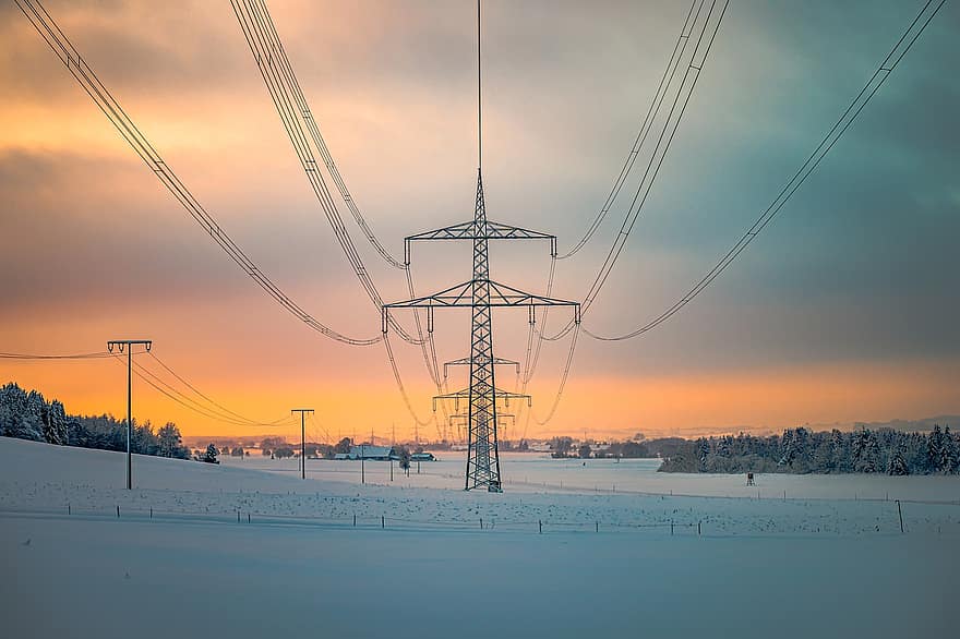 Sunset, Energy Supply, Power Pole, Energy, Symmetry, Snow, electricity, fuel and power generation, power line, electricity pylon, dusk