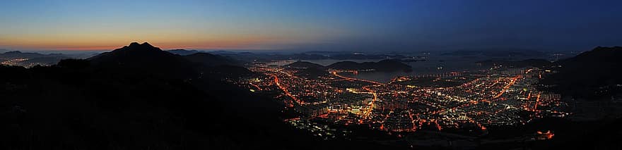 stad, Sydkorea, nattlampor, flygperspektiv, stadsljus, panorama