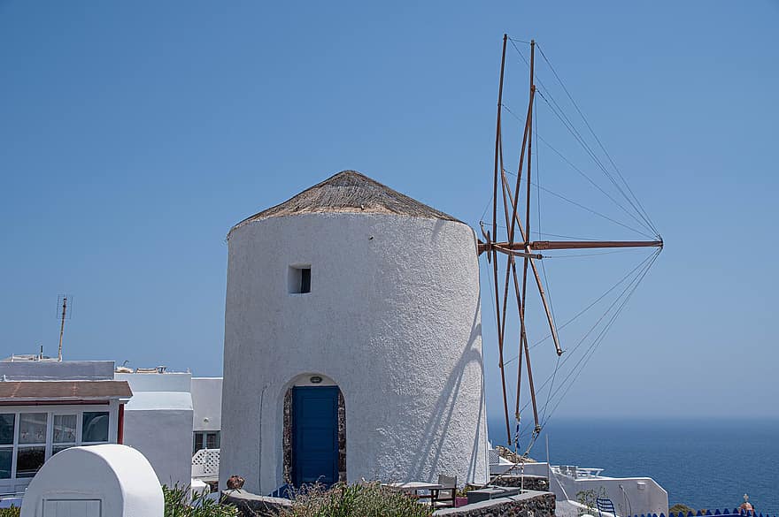Grieķija, santorini, dzirnavas, vēja turbīna, vējdzirnavas, kultūras, vasarā, arhitektūra, ceļot, zils, slavenā vieta