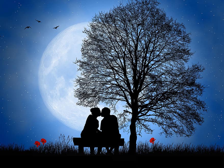 Love, Romantic, Romantic Night, Couple, Happy, Relationship, Kiss, Together, Pair, Full Moon, My Dear