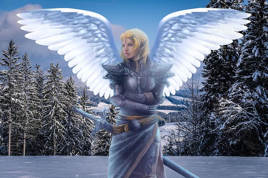 tło, anioł, Las, śnieg, wojownik, Fantazja, skrzydełka, skrzydła anioła, Płeć żeńska, kobieta, awatara