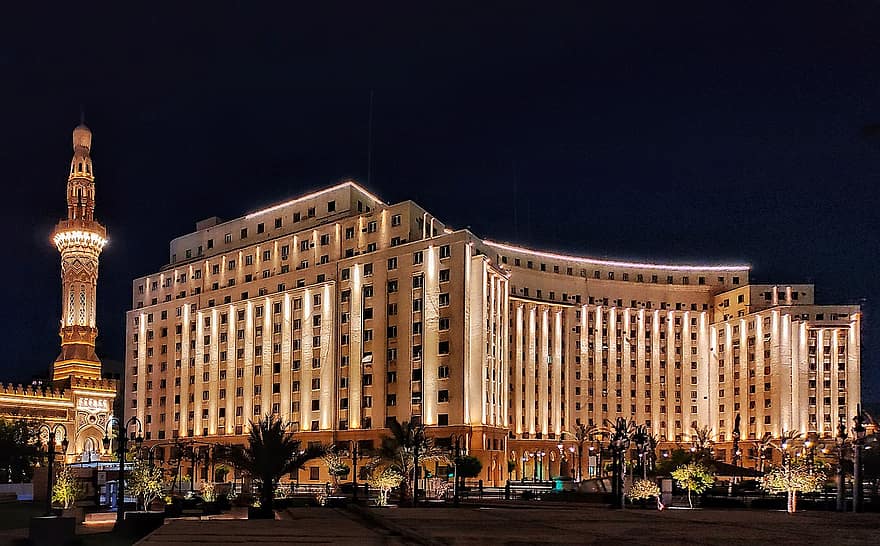 Mogamma, gebouw, nacht, Cairo, Egypte, lichten, facade, overheidsgebouw, architectuur, plein, stad