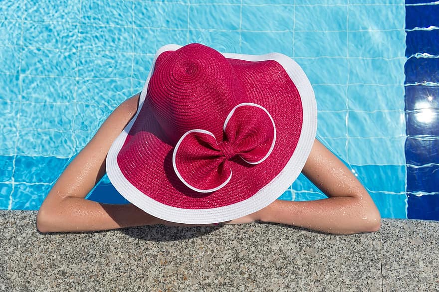 piscina, dona, estiu, barret, oci, recreació