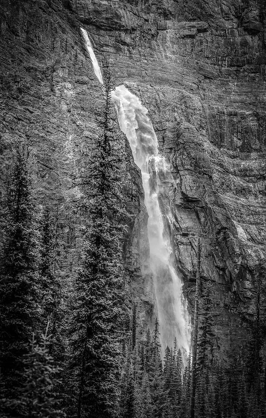 Waterfall, Cliff, Trees, Mountain, Nature, Landscape, Monochrome, rock, black and white, water, travel