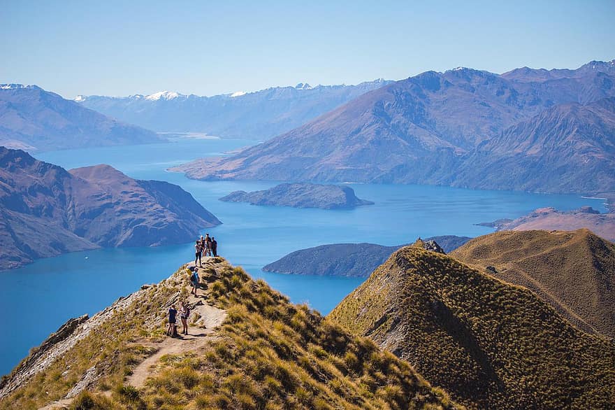 връх, Уанака, езеро, планини, туристи, планинари, туризъм, алпийски, нова Зеландия, южен остров, природа