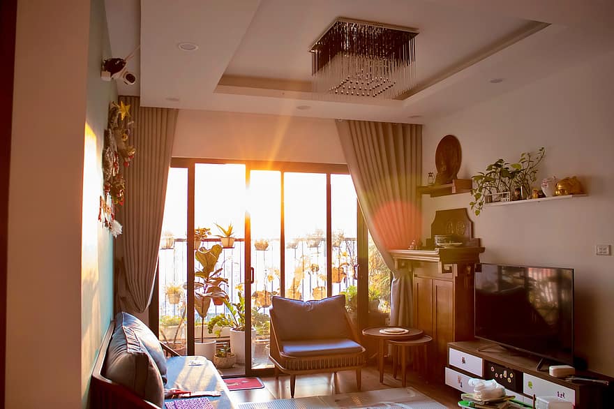 ruang keluarga, Vietnam, matahari terbenam, desain interior