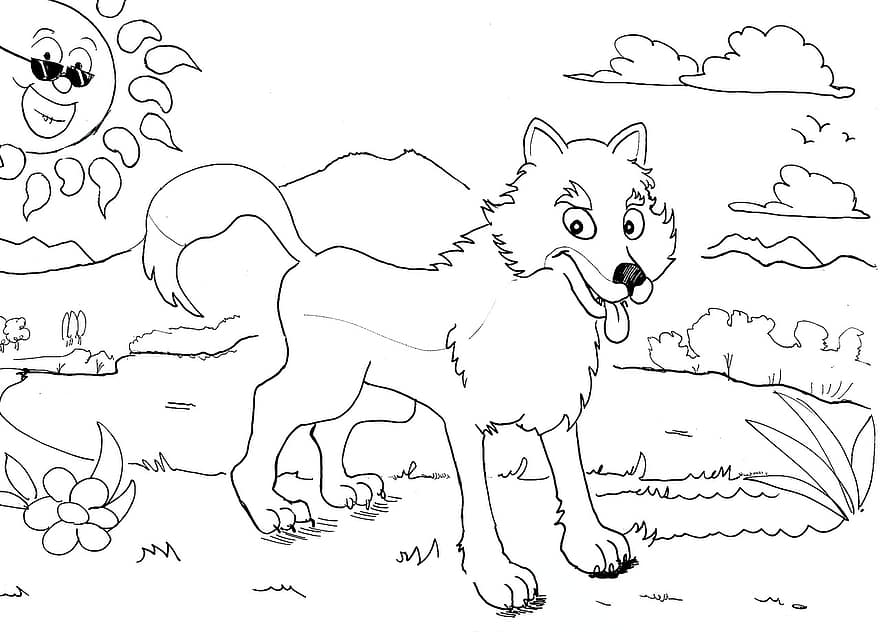 chó sói, trang màu, đang vẽ, thú vật, nghệ thuật đường nét, Vẽ sói, Thiên nhiên, bao gồm, Những trang đầy màu sắc, cho trẻ em, sói