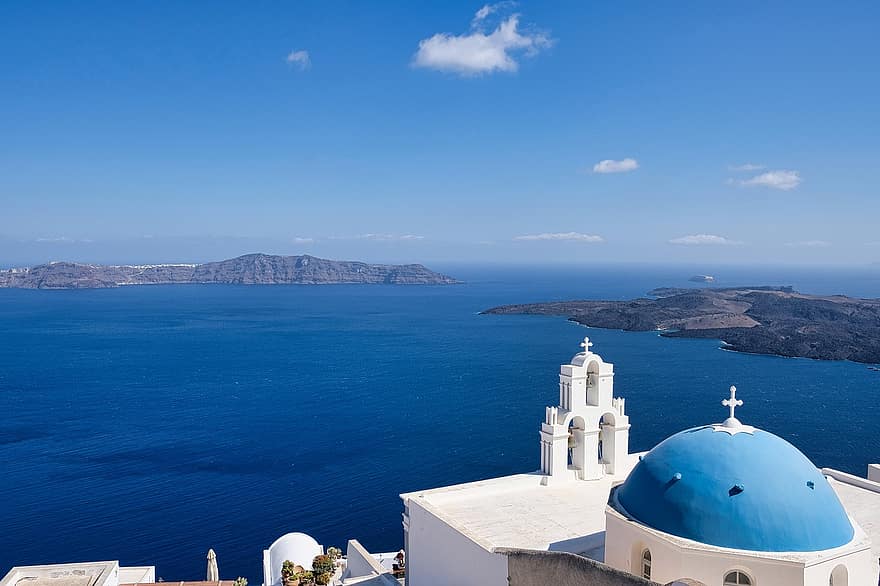 Església, mar, perspectiva, Mar Egeu, ortodoxa, santorin, santorini, blau, caldera, cristianisme, viatjar