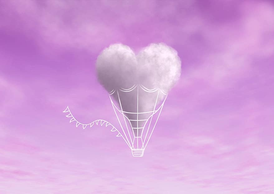 moln, ballong, rosa himmel, himmel, ett hjärta, kärlek, romantisk, cumulus moln, söt tapeter, 4k tapeter, hd tapeter