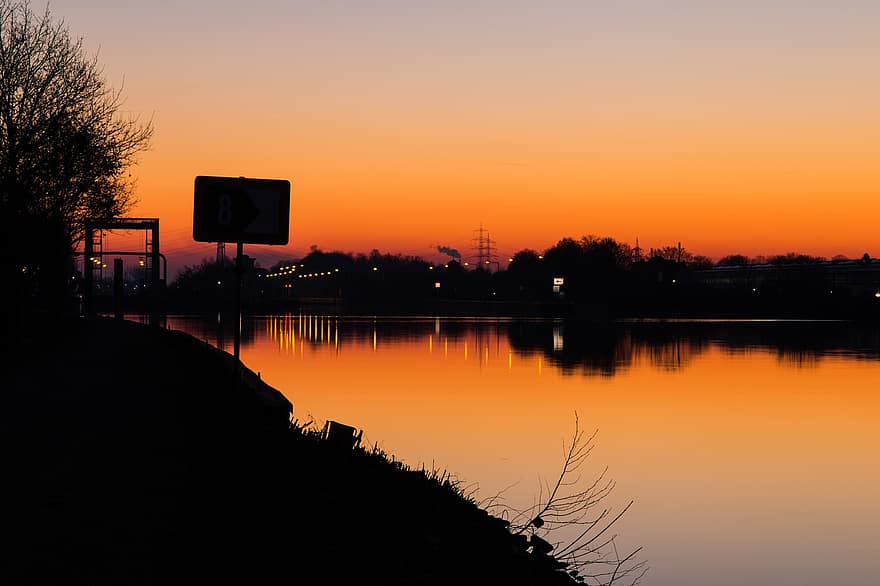 Rijn-Herne-kanaal, kanaal, zonsondergang, water, herne, Verzendroute:, Route Industrieel Erfgoed, reflectie, Crange, industrie, schemer