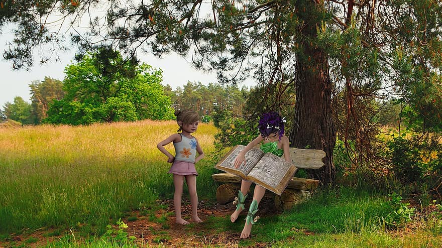 dziewczyny, elfy, książka, ławka, pole, drzewa, las