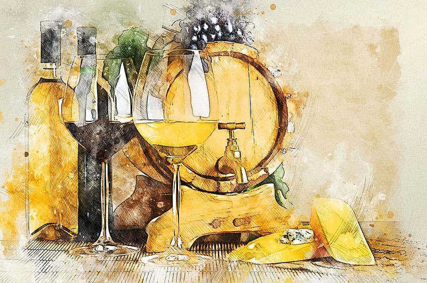 natura morta, azienda vinicola, vino, barile, bicchiere, bottiglie, formaggio, pittura