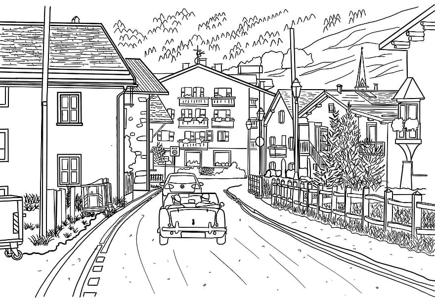 Stadt, Dorf, Dorf, skizzieren, Zeichnung, Kunstwerk, Strichgrafiken, Auto, die Architektur, Illustration, Vektor, Gebäudehülle