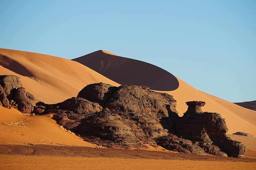 дюны, пустыня, горная порода, столовая гора, песок, сглазить, бесплодный, Алжир, Сахара, пейзаж, природа