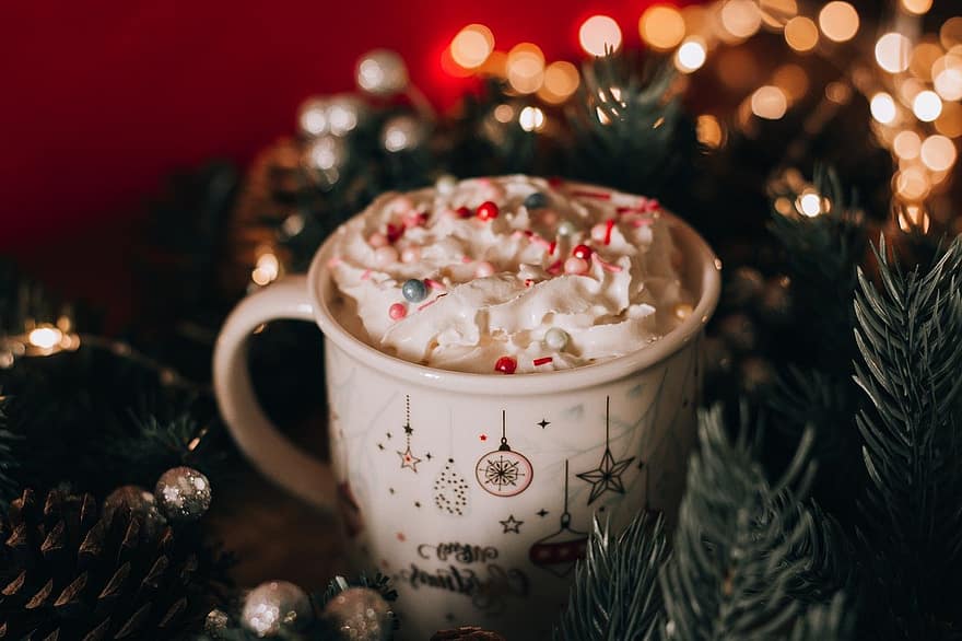 csésze, ital, desszert, édes, Karácsony, újév, ünnep, háttér, lakberendezési tárgyak, dekoratív, téli