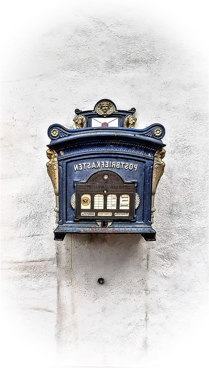 صندوق البريد ، صندوق بريد ، عتيق ، قديم ، صندوق الرسائل الأزرق ، لوحة الرسالة ، ثقب الرسالة
