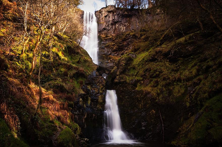водопад, Pistyll Rhaeadr, Осуестри, Великобритания, природа, планина