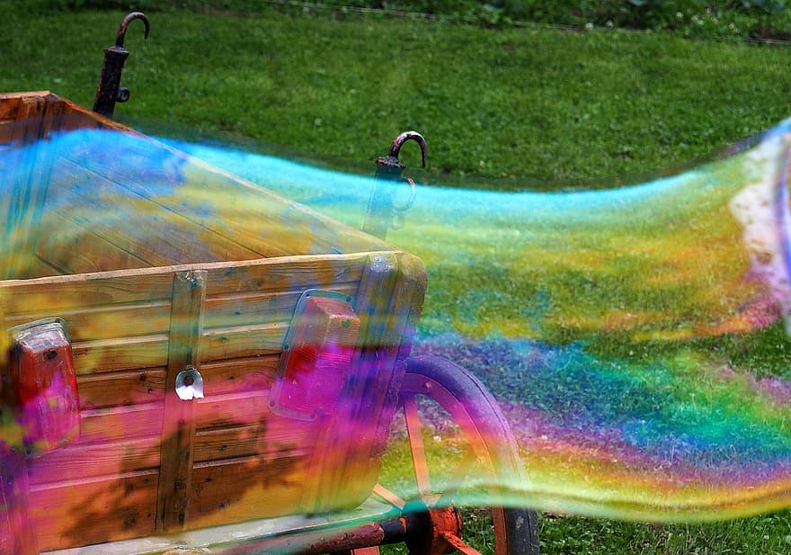 мыльные пузыри, радужный, радуга, на открытом воздухе, разноцветный, трава, зеленого цвета, летом, воды, дерево, транспорт