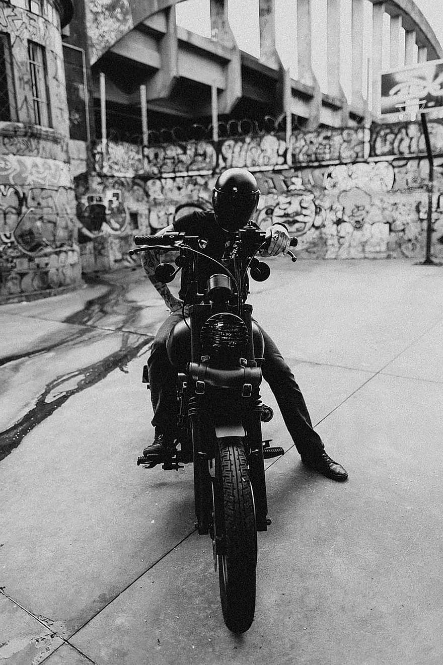 Bike, Biker, Helmet, City, Urban, Alternative, Model, Man, motorcycle, men, black and white